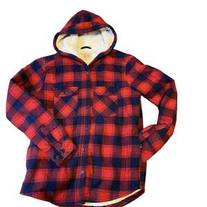 Boston Traders Flannel Sherpa Lined Jacket Womens Size S Plaid Hoodie Red Black
